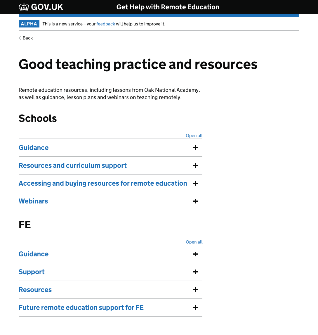 Screenshot of content page with two sets of accordion panels for Schools and for FE